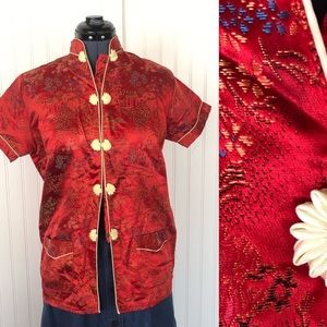 Vintage Chinese Red Silk Jacket Ivory Piping Mandarin Collar Short Sleeve Small